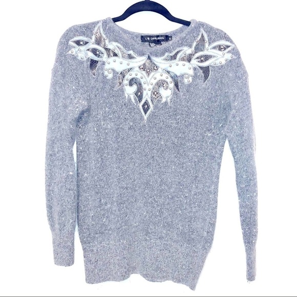 I.b. DIFFUSION SILK ANGORA rabbit WOOL EMBROIDERED SWEATER  nylon lambswool SOFT - Picture 2 of 2